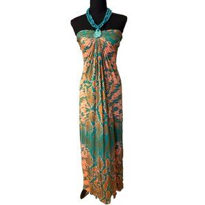 SKY Brand Maxi Dress S Turquoise Blue N Necklace Coral Orange MUST SEE NEW